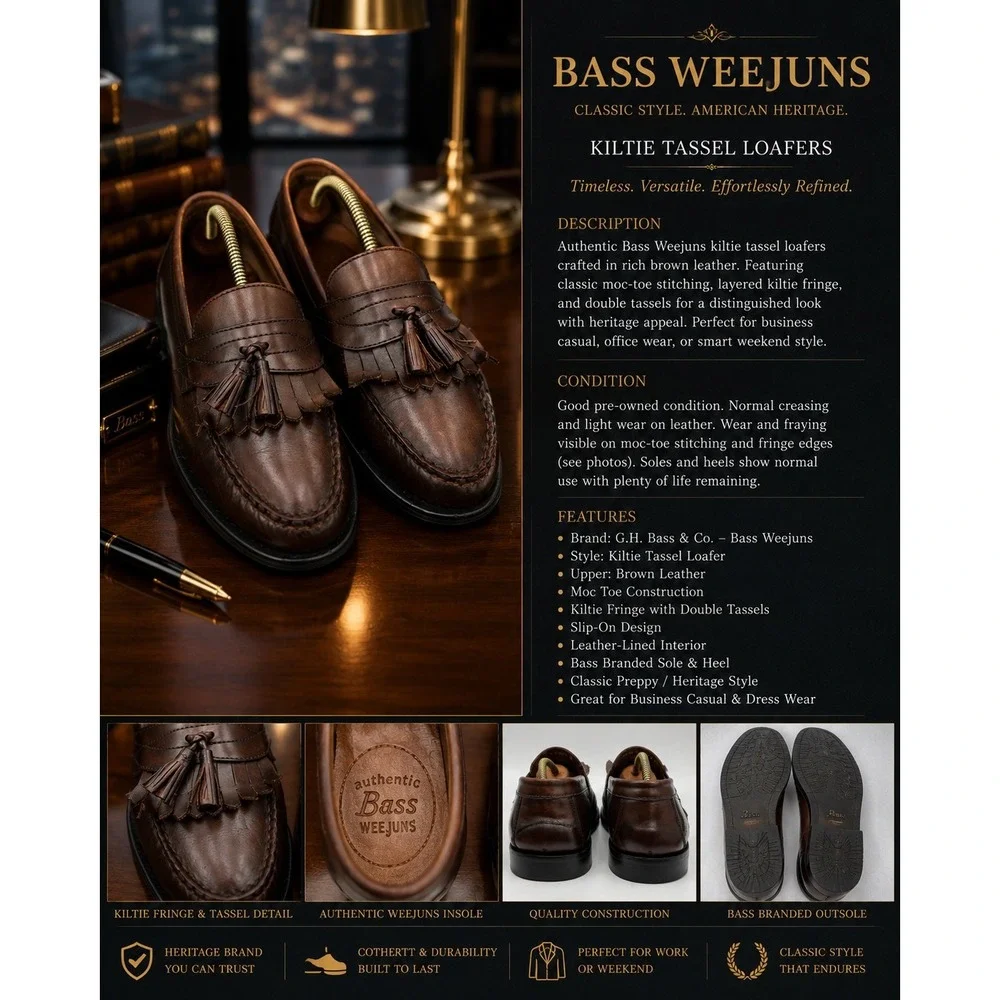 Bass Weejuns Men's Brown Leather Kiltie Tassel Loafers – Classic Dress Shoes